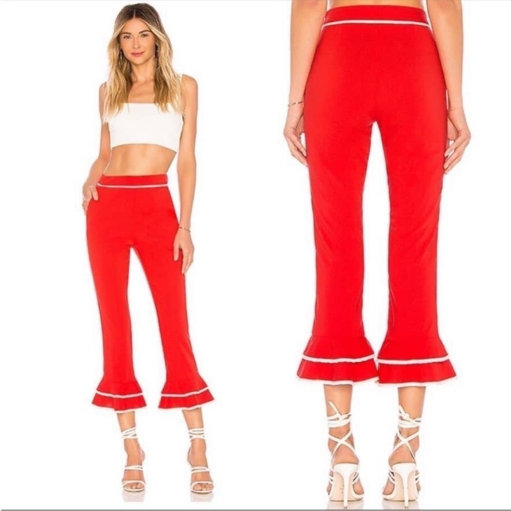 Tularosa Red Cropped Demi Pants White Piping Ruffled Hems Size XL REVOLVE